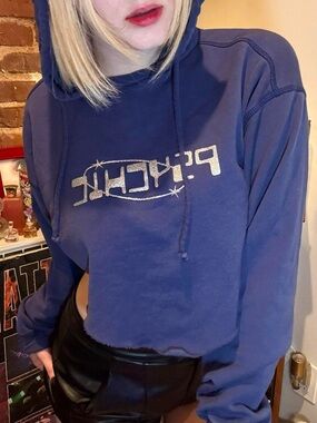 Navy Blue Cropped Hoodie with Silver Graphic